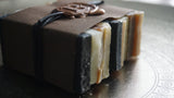 Natural soaps for masculine men, Soaps for men, soap sampler, mens soap, men's soap, woody soap, cedarwood soap, cedarwood, activated charcoal soap, charcoal soap, manly soap, masculine scent, masculine soap, soap sampler, holiday idea, holiday soap, unisex soap, popular soap, soap packaging 